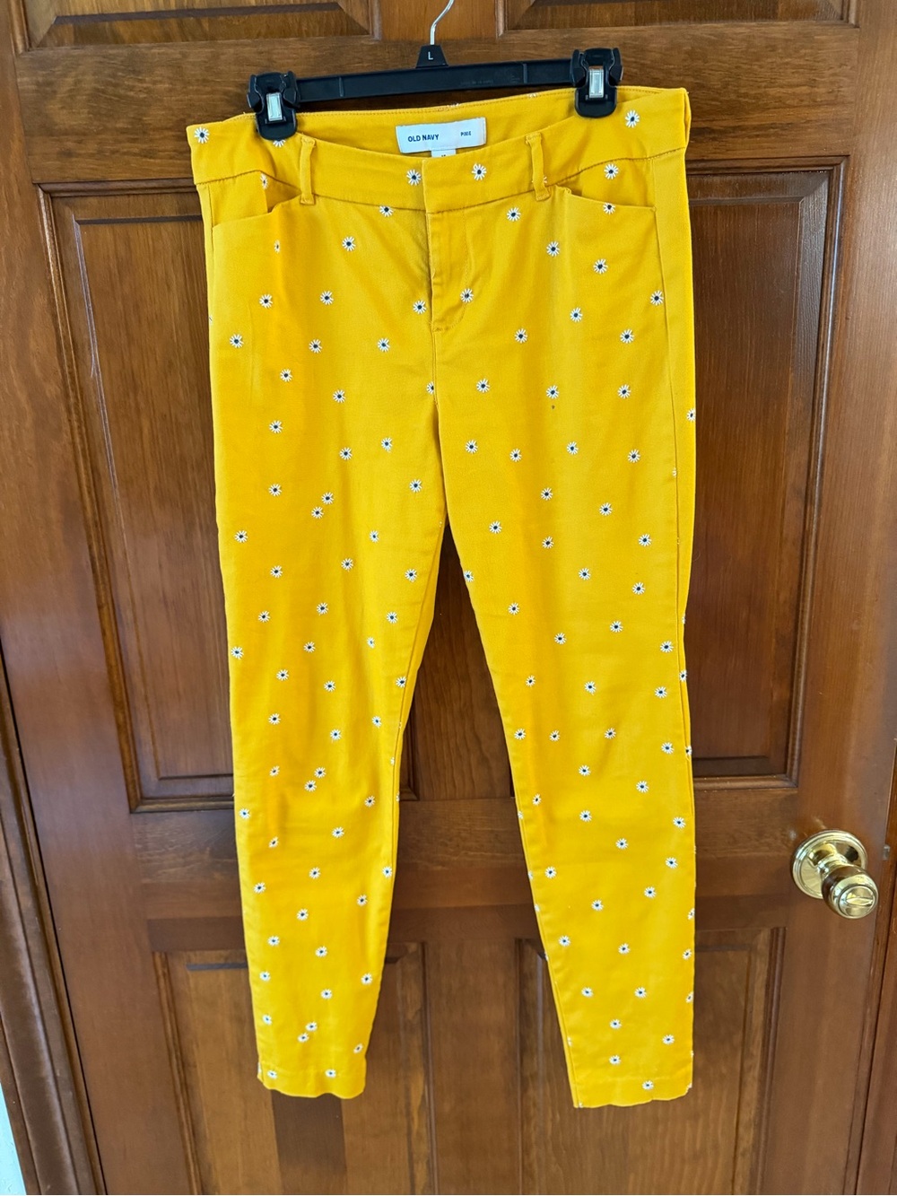 Old Navy Mustard Yellow Floral Skinny Pants with daisy embroidered detail